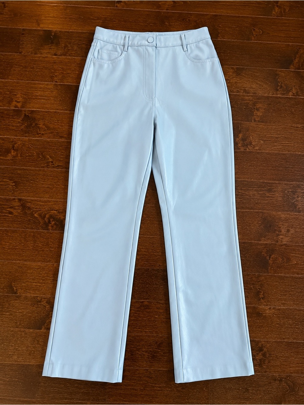 Oak + Fort Light Blue Faux Leather High Rise Straight Leg Pants